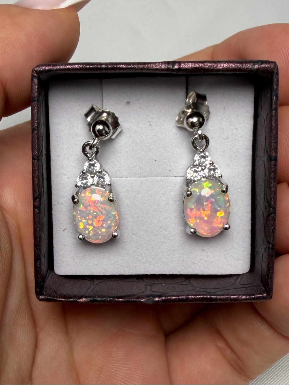 Natural Opal & Natural Sapphire Drop Earrings 2.1ct Oval Sterling Silver 21.5mm